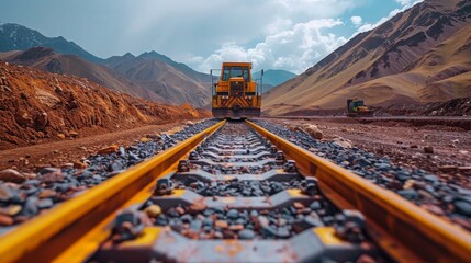 Workers are laying railways in hard to reach places with modern equipment - obrazy, fototapety, plakaty