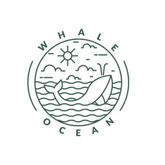 illustration of ocean and whale monoline or line art style