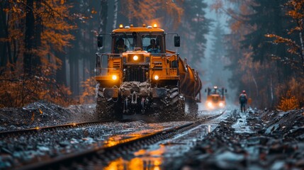 Workers are laying railways in hard to reach places with modern equipment