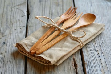 Bamboo cutlery set wrapped in eco-friendly cloth on rustic wooden background