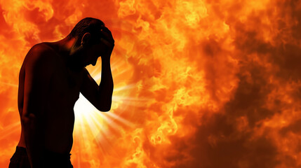 A man holding his head in pain against the backdrop of a fiery sun. The concept of solar flares and their effect on people.