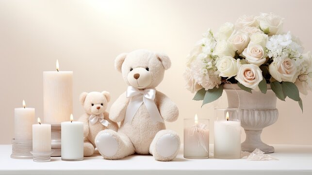 beautiful flowers alongside a cuddly bear toy dressed in light-colored clothing, surrounded by festive garments, all set against a soft light background, a reverent touch.