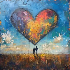 Acrylic Painting: Love Heart in the Sky Above Silhouetted Couple in Field