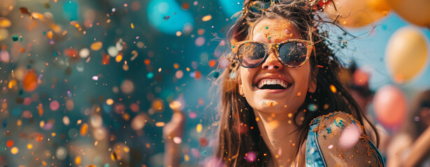 happy woman covered in colorful paint during Holi festival - obrazy, fototapety, plakaty
