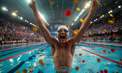 Professional swimmer celebrating the championship gold - obrazy, fototapety, plakaty