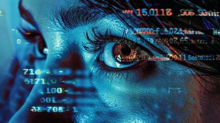 Close-up of woman's eye, digital graphics overlay, cyber data