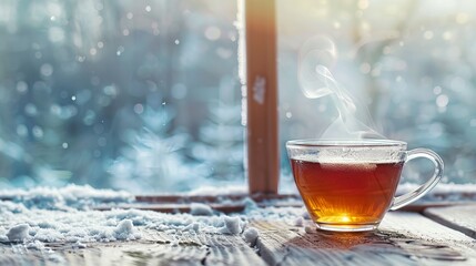 A steaming tea cup against a chilly winter window backdrop