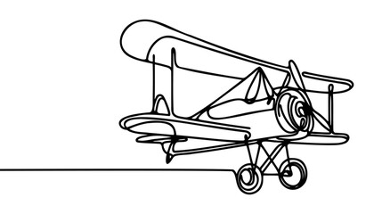 Small plane flying in the sky in one continuous line art drawing style.