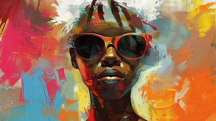 abstract painting depicting a young African American woman wearing sunglasses and white hair as she looks into the camera