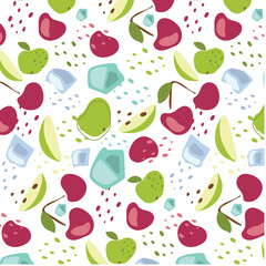 Abstract pattern apple, cherry and ice cube in flat style. Vector background. Fresh Seamless pattern. Summer time print. Lemonade wallpaper.