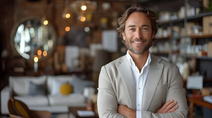 Fototapeta premium Smilling businessman in casual attire within a contemporary office, framed by a stylish blurred bokeh background