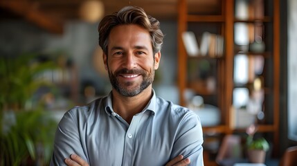 Obraz premium Smilling businessman in casual attire within a contemporary office, framed by a stylish blurred bokeh background