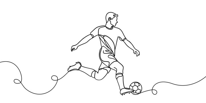 Vector image of a football player kicking the ball, one line on a white background.