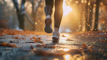 Legs of a female runner jogging in a park on a winter afternoon