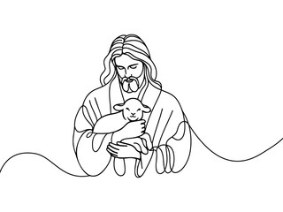 Vector image of Jesus with a lamb in his arms, one line on a white background. © Olena Hnatiuk