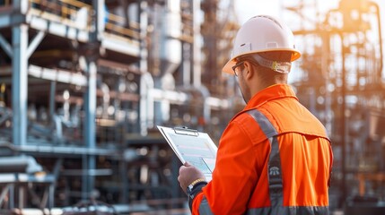 An industrial engineer walking through a heavy industry manufacturing plant with various metalworking processes is wearing a hard hat and a safety jacket.
