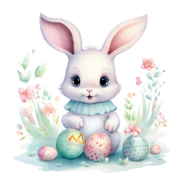 Cute Easter Bunny with Colorful Eggs and Flowers
