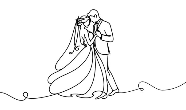 Vector image of newlyweds in one continuous line on a white background.