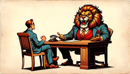 Artistic Retro Comic Style Interview with a Lion Boss and a Job Candidate