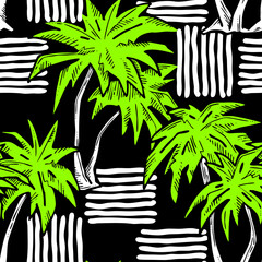 Tropical seamless pattern with palm leaves and tree. Holiday vocation theme for fabric print, textile design, fashion party invitation, luxury life style. Hand drawn cartoon line illustration.