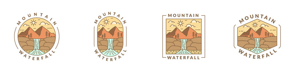 illustration of mountain and waterfall outdoor monoline or line art style
