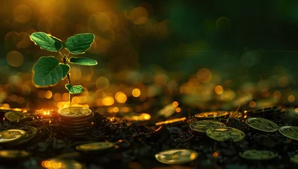 Fotobehang The coins are stacked on the ground and the seedlings are growing on top, the concept of saving money and financial and business growth. AI generated illustration © Gulafshan