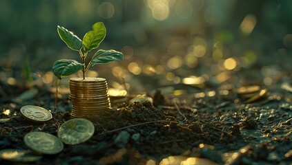 The coins are stacked on the ground and the seedlings are growing on top, the concept of saving money and financial and business growth. AI generated illustration - obrazy, fototapety, plakaty