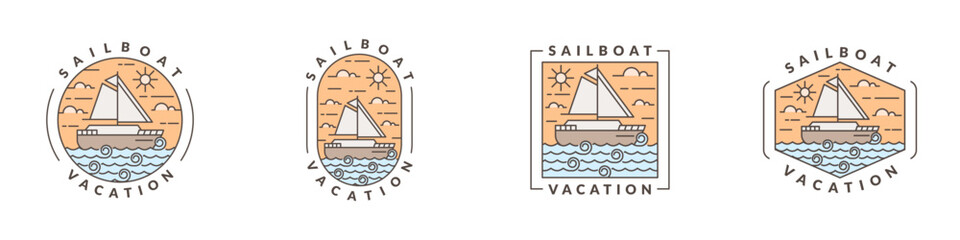 illustration of sailboat and ocean monoline or line art style