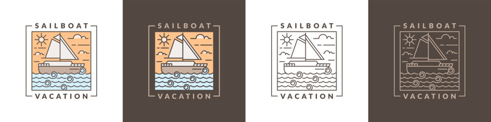 illustration of sailboat and ocean monoline or line art style