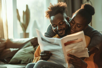 A couple embraces tenderly while reviewing life insurance policies, signaling reassurance and preparedness for life's uncertainties. - obrazy, fototapety, plakaty