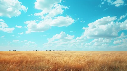 A vast savannah stretching out towards the horizon, where golden grasses sway in the gentle breeze and herds of wild animals roam free. The sky above is an endless expanse of blue, dotted with fluffy 