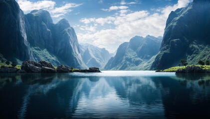 Peaceful mountain lake in a valley with green hills and blue sky - obrazy, fototapety, plakaty