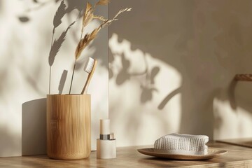 Fototapeta na wymiar Bamboo toothbrush holder in eco-friendly bathroom setup with natural hygiene products