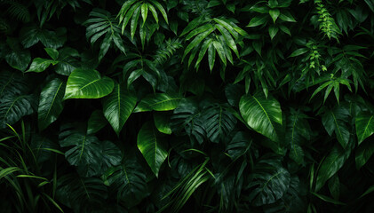 Lush green leaves of various tropical plants forming a dense natural background