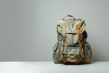 Canvas backpack with leather straps for travel and adventure on a neutral gray background