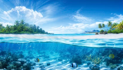 Deurstickers  Amazing underwater view of a coral reef with tropical fish and underwater landscape with palm trees, white sand beach and crystal clear ocean water © Graphic Dude