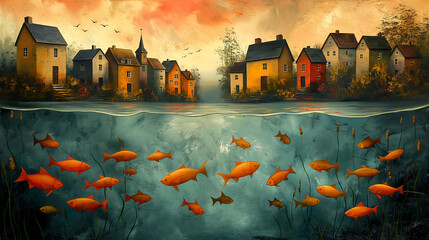 Miasteczko nad jeziorem pełnych czerwonych ryb - obrazy, fototapety, plakaty