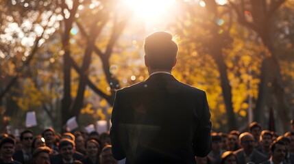 Man politician doing a speech outdoor in front of a crowd of members of a political party - obrazy, fototapety, plakaty