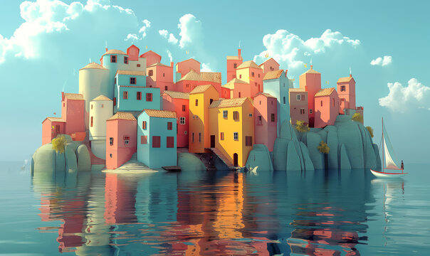 Ilustracja miasteczka na wyspie w stylu kubizm