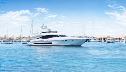 Fototapeta premium A sleek and stylish white motor yacht is docked at a marina, surrounded by other luxury yachts and sailboats and blue sky 