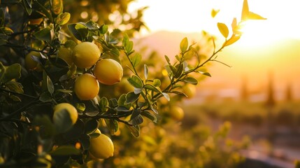 Lemons on a tree branch at sunset