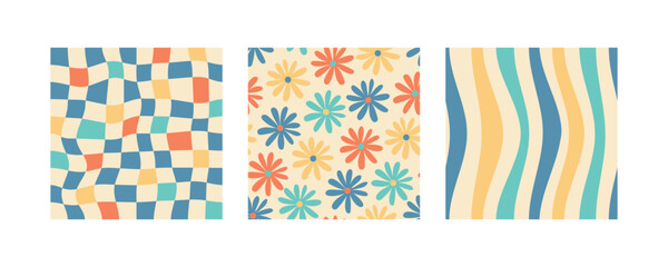 Groovy psychedelic seamless patterns set. Retro backgrounds 70s style with trippy grid, flowers, distorted waves.