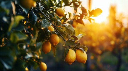 Lemons on a tree branch at sunset