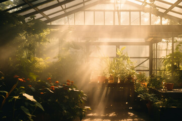 Nature, plants and flowers concept. Big with flowers and greenery orangery or greenhouse full of morning mist and illuminated with sunlight - obrazy, fototapety, plakaty