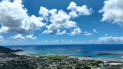 久米島の集落と海を空撮