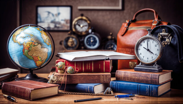  Vintage books and a clock on a wooden table with a leather bag and a globe in the background