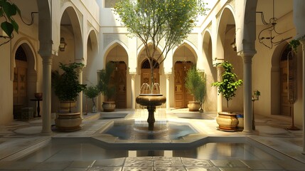 Moroccan riad , reflecting the distinctive architecture of North Africa. Courtyard house with a central fountain, surrounded by arched doorways