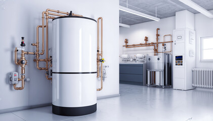  The image shows a large water heater in a commercial building and water heater is surrounded by pipes