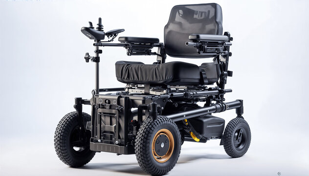  All-terrain wheelchair with a sleek design and various adjustable features