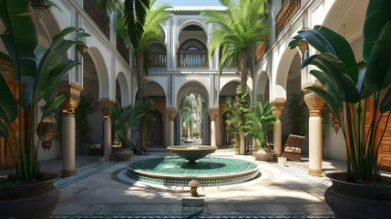 Photo sur Aluminium Europe du nord Moroccan riad , reflecting the distinctive architecture of North Africa. Courtyard house with a central fountain, surrounded by arched doorways